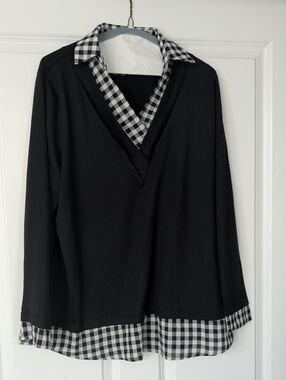 Black Layered-Look V-Neck Top with Gingham Trim